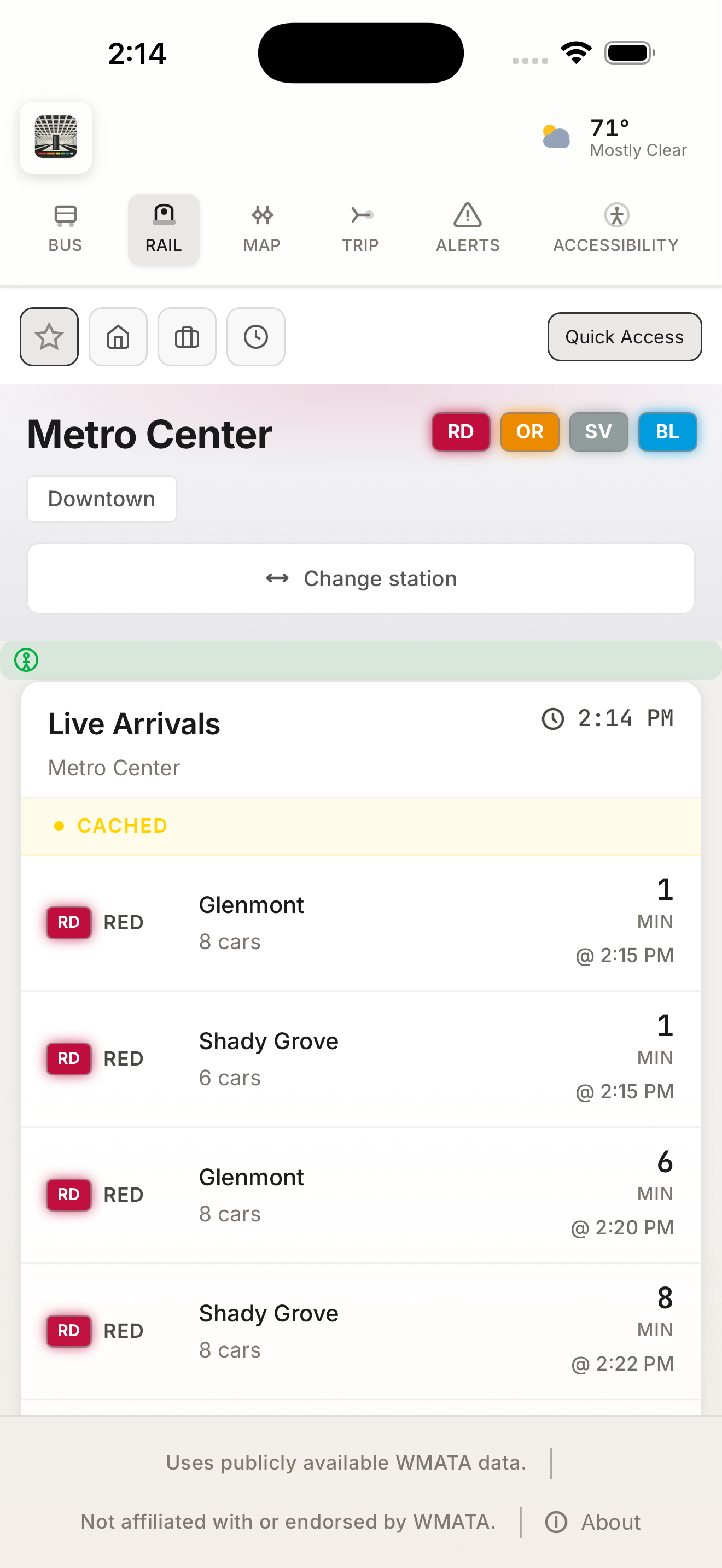 Better DC Metro App showing live train arrivals at Metro Center